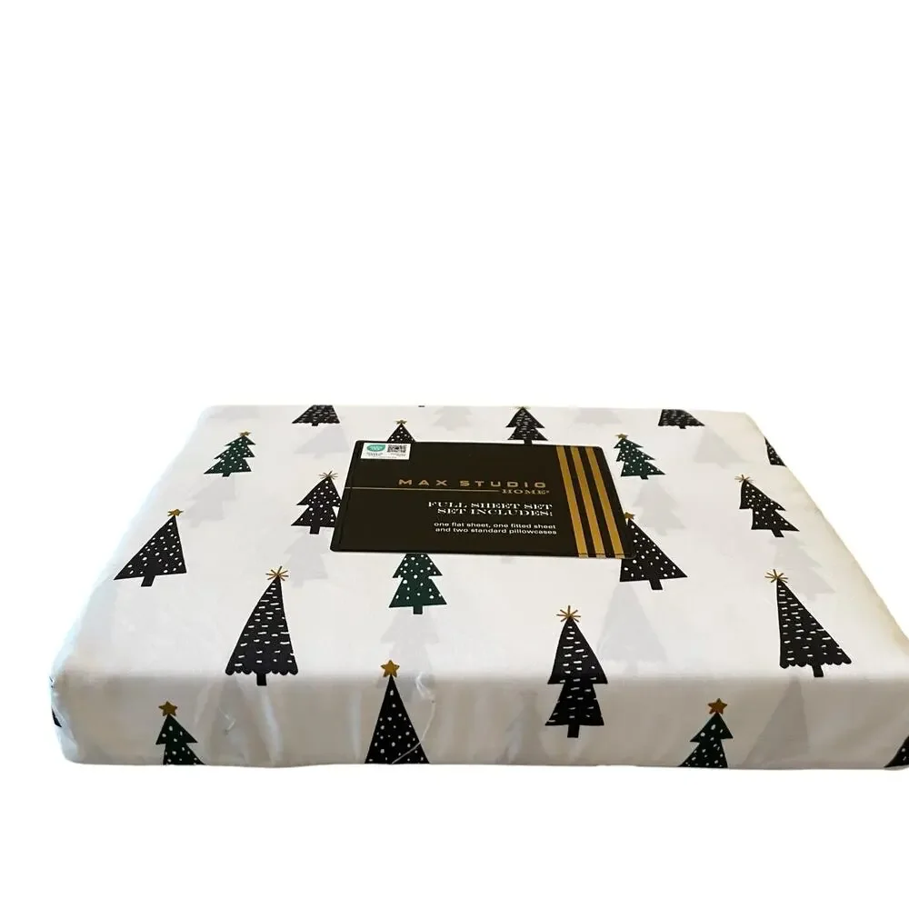 4pc Max Studio Block Christmas Tree Printed Sheet Set FULL Chic Holiday Bedding